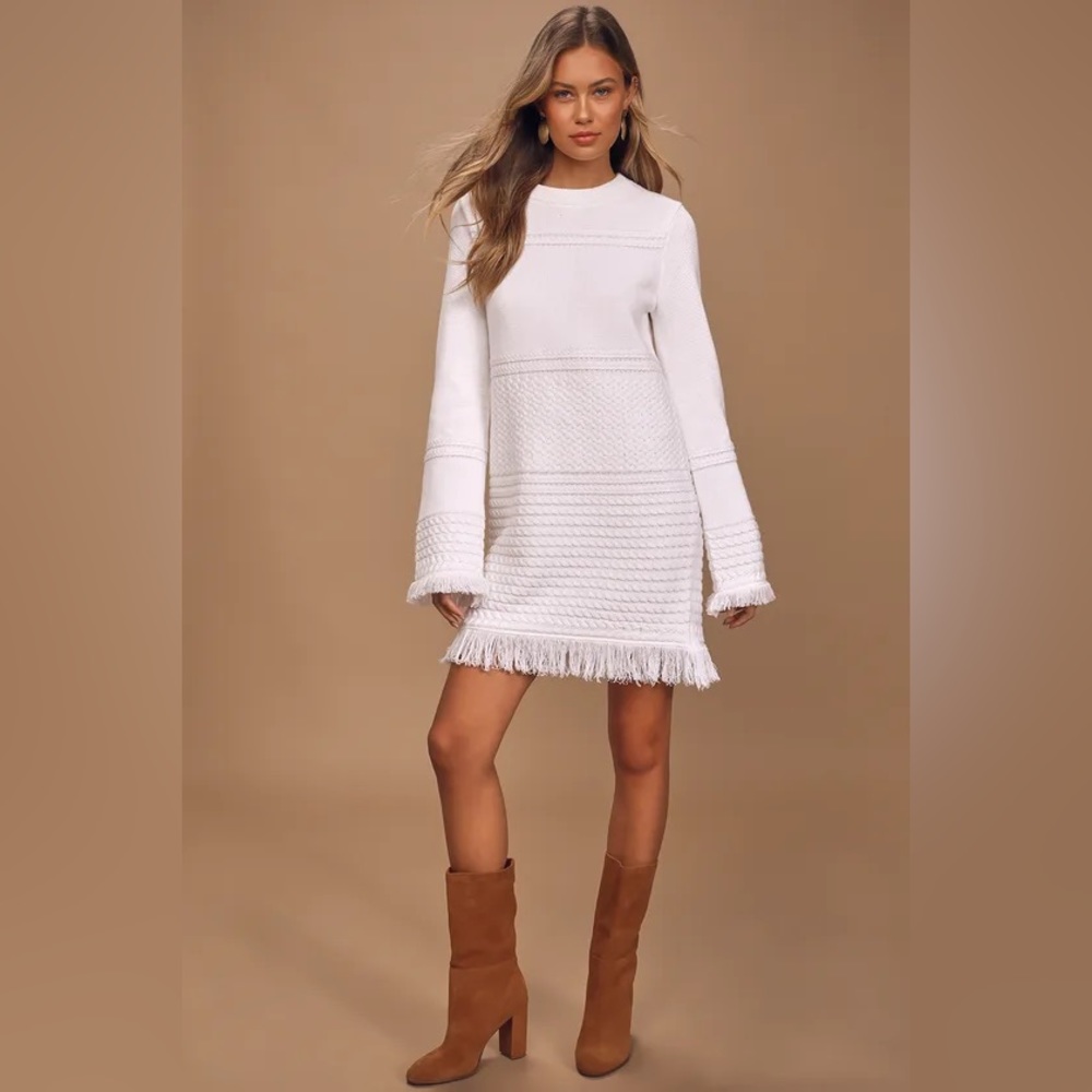 Ambitious Attitude White Cable Knit Long Sleeve Mini Dress by Lulus